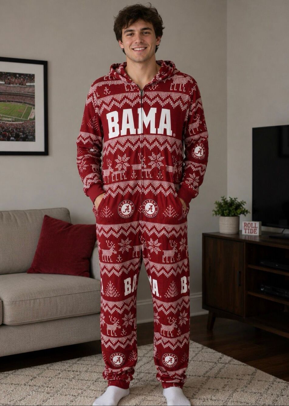 Alabama Crimson Tide  Men's Ugly Pattern Holiday Pajama One piece sleepwear Medi